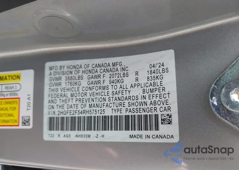 2024 Honda Civic Sport from USA, damaged, VIN 2HGFE2F54RH575125